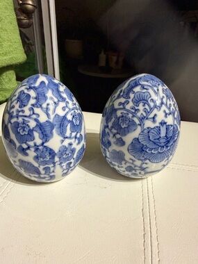 Faberge vintage Blue and White Floral Porcelain Eggs the PAIR